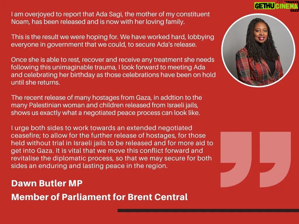 Dawn Butler Instagram - Statement following the release of my constituent's mother, Ada Sagi.
