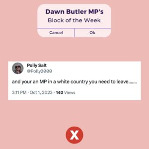 Dawn Butler Instagram - This racist woman, Polly Salt, whose profile indicates she's a @canalrivertrust volunteer, wants me to leave the country.

This is also my country! I'm a Londoner born and bred! #BlackHistoryMonth seems to trigger people and bring out their true colours!

My Block of the Week. #ButlerBlocks