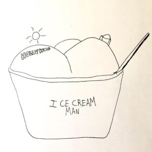 Dax Flame Instagram - The Ice Cream Man documentary came out one year & two days ago!

Here is the drawing I did for the shirt design back then, plus some additional drawings I did before we settled on this design!

Also I’m thinking of doing a YouTube livestream soon where I read my whole entire ice cream man memoir! Would you be interested in watching that?