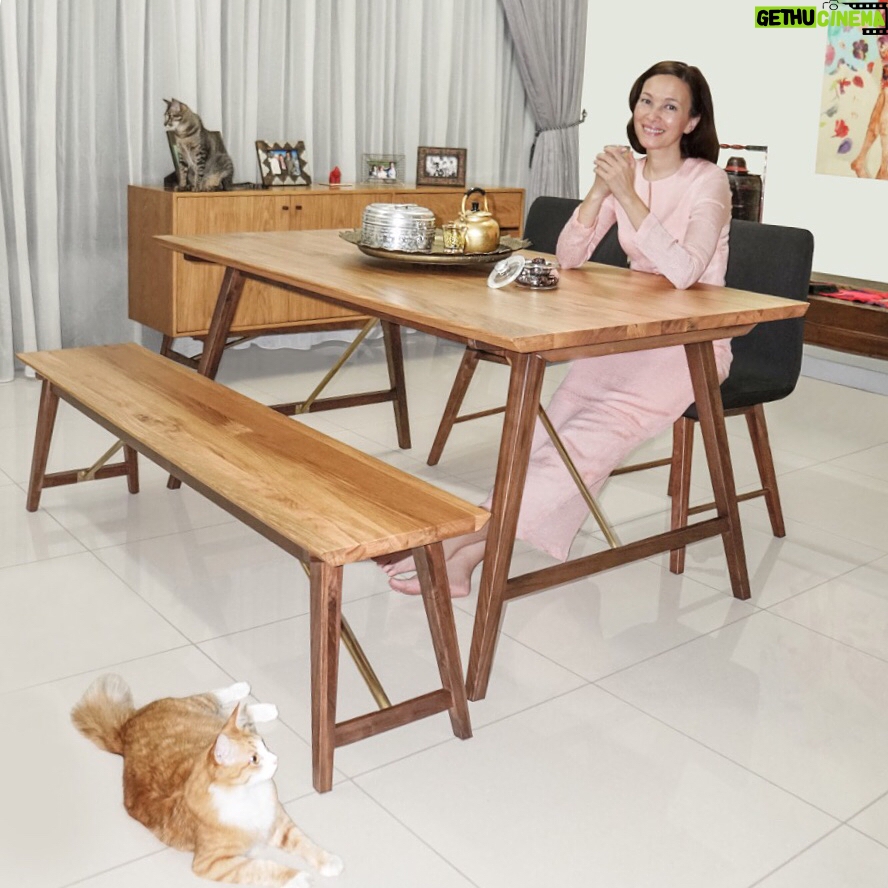 Deanna Yusoff Instagram - Semoga saudara-saudari muslim saya dan sekeluarga diberkati sepanjang bulan Ramadhan ini. Raya is just around the corner and I am excited to have added these to my furniture collection at home. The Scandinavian aesthetic really ups the style ante with minimum fuss. This Dualtone collection is unique as it uses a combination of two timbers, oak and walnut where most furniture brands only focus on one. This particular collection also uses brass as a subtle accent. I also love the idea of a bench rather than all chairs. It adds a more intimate feel to my dining area. And look, even my cats love it. What do you think? If you have the same taste as my cats, you’ll be pleased to hear about Commune’s Mega Raya Sale from May 19th to June 10th, 2018. Enjoy exclusive 10% discount storewide and also enjoy these sweet rewards when you spend these following amounts in a single receipt/transaction, while stocks last. - Spend RM3000 and redeem a free large serving board worth RM259 - Spend RM6000 and redeem a free Dewey stool worth RM479 - Spend RM8000 and redeem a free Crimson end table worth RM589 - Spend RM10000 and redeem a free leather cube stool worth RM689 Commune Store Locations: - No. 88 Jalan Maarof, Bukit Bandaraya, Bangsar 59000, Kuala Lumpur - Lot 920A, Jalan Melor, Kampung Sungai Kayu Ara, 47400. Petaling Jaya, Selangor - http://my.thecommunelife.com @communehome_official #communehome #furniture #scandinaviandesign #dualtone #walnutwood #oakwood #harirayaaidilfitri #ramadan #diningarea #rayamegasales #livingwithdeanna #catsathome #bench #stylishdesign #actress #singer #model #malaysianemcee #eurasian #cleanliving #sustainableforestry #toxinfreeliving #rawmaterial #singaporedesigner