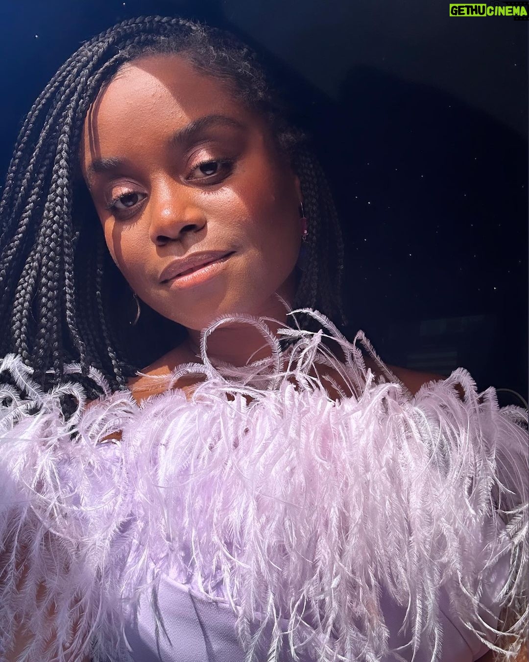 Denée Benton Instagram - Soft life feathers in @pamellaroland + an audience with the Queen 💜 #pamellaroland #nyfw