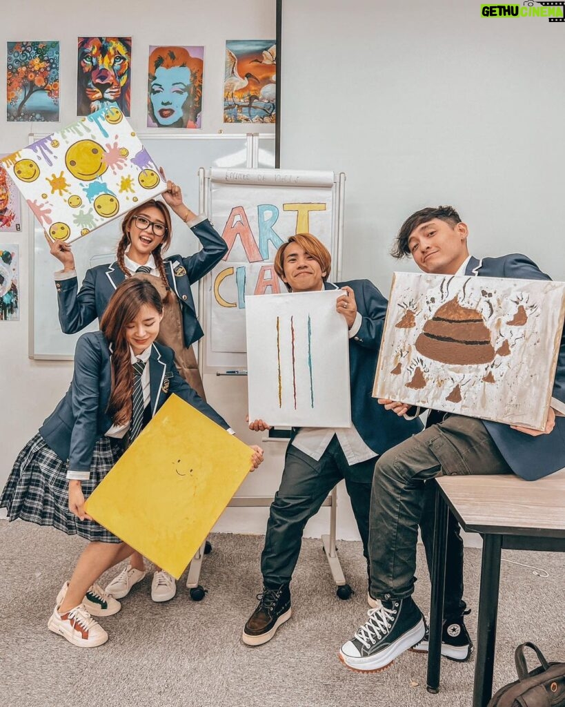Denise Soong Ee Lyn Instagram - ART CLASS 🎨 Best shoot ever. We got to paint when it wasn’t our scenes, featuring our masterpieces here 😂 whose painting Dyou like most? Mine is Vincent’s, we worked together; mixing the paint to get this brown look HAHAHA link in bio ✨