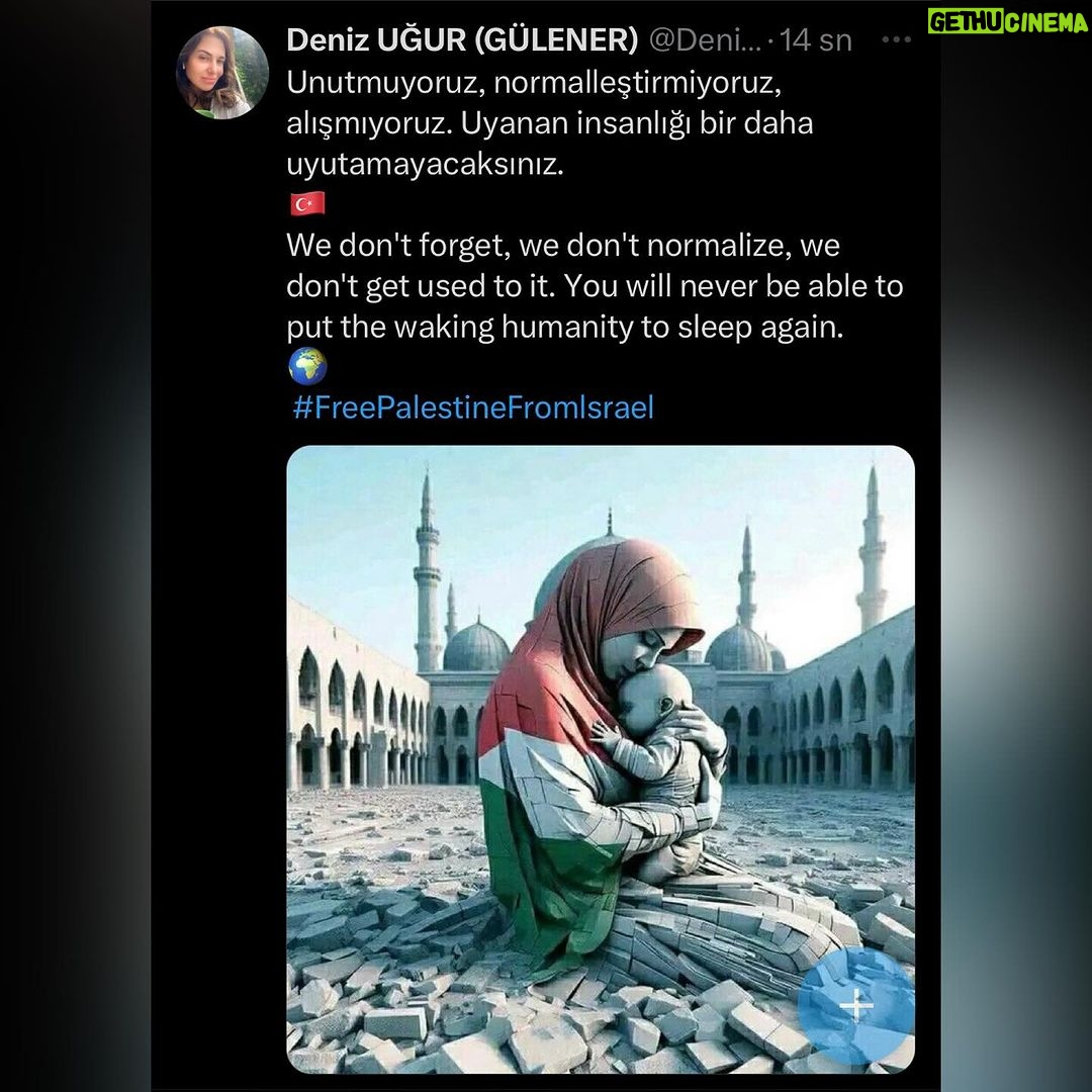 Deniz Uğur Instagram - Twitter (X) hesabı olanlar lütfen DESTEK olabilir mi? G*zze’nin gündemden düşmesi kabul edilemez. #FreePalestineFromIsrael 🇵🇸🌍🇹🇷