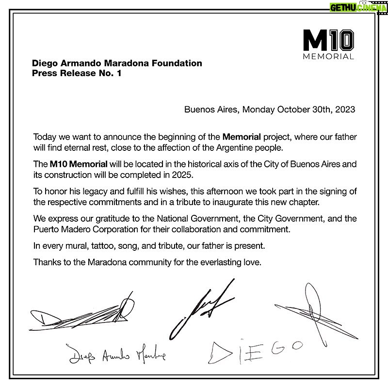 Diego Maradona Instagram - Hoy queremos anunciarles el comienzo del proyecto Memorial donde nuestro padre encontrará descanso eterno cerca del amor del pueblo argentino. El @m10memorial será emplazado en la Explanada del Bajo de la Ciudad de Buenos Aires y culminará su construcción en 2025. Para honrar su legado y cumplir su voluntad, esta tarde participamos de la firma de los compromisos correspondientes y de un homenaje para dar inicio a esta nueva etapa. Agradecemos al Gobierno Nacional, al Gobierno de la Ciudad y a la Corporación Puerto Madero por su colaboración y compromiso. En cada mural, tatuaje, canción y homenaje, nuestro padre está presente. Gracias a la comunidad maradoneana por el amor de siempre. #m10memorial #m10 #diego10 #diegomaradona #diegoeterno #parasiemprediego Ciudad Autónoma de Buenos Aires