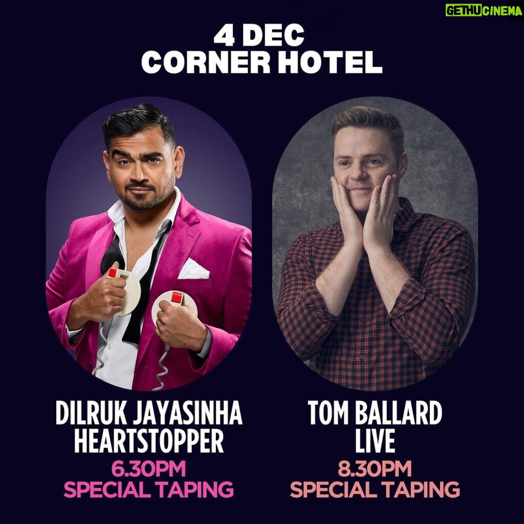 Dilruk Jayasinha Instagram - LIVE TAPING! People of my hometown Melbourne, I’m joining forces with @tomcballard who is easily one of the best standup comedians Australia ever produced, and we are filming our standup hours back to back. Both on MON Dec 4th at @cornerhotel, 6.30pm for my “Heart Stopper” show about my widdle heart attack last year, and 8.30pm to see Tom crushing for an entire hour like he always does. Tix from @comedy_au and the link in my bio. Would be really awesome to have a packed audience for the taping so see you there and if you can’t make it tell ya pals to help me put their bums on those seats. ❤️‍🩹🙏🏾