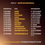 Dominic Paquet Instagram - Ben oui… C’est à mon tour de vous partager la liste de mes shows qui n’ont pas pu avoir lieu et leurs dates de report. Même si les salles peuvent rouvrir leurs portes lundi, on est quand même dans l’obligation de reporter la plupart des dates de février. J’suis autant déçu que vous, mais avec la capacité des salles à 50% (ou 500 personnes), c’était vraiment pas possible d’honorer tous les billets vendus, donc on doit reporter la plupart des dates. Ceux qui avaient des billets pour les représentations reportées, inquiétez-vous pas, les billetteries des salles vont vous contacter pour vous expliquer la marche à suivre. Mais vos billets seront valides pour la date de report. On lâche pas la gang! J’ai hâte en maudit de vous revoir. 😃👍
