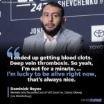 Dominick Reyes Instagram - Hey everyone, if you want to know what’s been going on with me check out the interview with @lynchonsports and @middleeasy. Thank you everyone for the support and prayers. I’m ok, taking it day by day. 🙏🏽 Big huge thanks to @vivalifehealingcenters /Dr.Chiriano and @taylorrpricee for helping me identify the clot and getting me treated stat. @mmajunkie