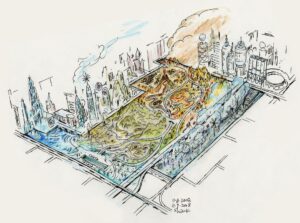 Don Shank Instagram - Sticking with the early stuff. Here’s a silly idea where the city park is in the shape of a periodic table, but it ended up sticking. In this take each element had sort of a themed area and the trees were elemental too with air trees being these vapor generators and water being the branches of sprinkler heads that make mist balls (those actually ended up in the movie in front of Brook’s apartment)
#elemental #pixarelemental #pixarelementalmovie #Pixar #animation