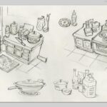Don Shank Instagram – I was lucky enough to design the sets on the short Bao by @domeeshi which is on the shortlist this year for the Academy Awards! Here’s some drawings of the Kitchen and food related items. After the drawings I made a simple 3D model to work out the proportions as they related to the character model and that became a basic guide for the set modeler as he worked to capture the feel of the drawings. #bao #baoshortfilm #pixar Pixar Animation Studios
