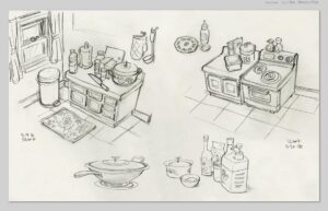 Don Shank Instagram - I was lucky enough to design the sets on the short Bao by @domeeshi which is on the shortlist this year for the Academy Awards! Here's some drawings of the Kitchen and food related items. After the drawings I made a simple 3D model to work out the proportions as they related to the character model and that became a basic guide for the set modeler as he worked to capture the feel of the drawings. #bao #baoshortfilm #pixar