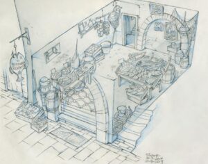 Don Shank Instagram - Pescheria Marcovaldo. This one is a heartbreaker. There was a long period of time where scenes took place in here. But in the final movie the doors aren't even open. This is one of my favorite drawings from my time on Luca but it wasn't meant to be.  #luca #pixarluca #pixar #pencilonpaper #setdesign #deadfish #happydeadfish