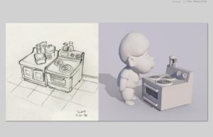 Don Shank Instagram - I was lucky enough to design the sets on the short Bao by @domeeshi which is on the shortlist this year for the Academy Awards! Here's some drawings of the Kitchen and food related items. After the drawings I made a simple 3D model to work out the proportions as they related to the character model and that became a basic guide for the set modeler as he worked to capture the feel of the drawings. #bao #baoshortfilm #pixar