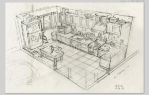 Don Shank Instagram - I was lucky enough to design the sets on the short Bao by @domeeshi which is on the shortlist this year for the Academy Awards! Here's some drawings of the Kitchen and food related items. After the drawings I made a simple 3D model to work out the proportions as they related to the character model and that became a basic guide for the set modeler as he worked to capture the feel of the drawings. #bao #baoshortfilm #pixar