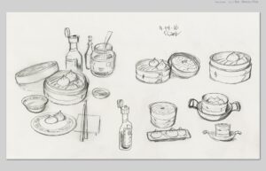 Don Shank Instagram - I was lucky enough to design the sets on the short Bao by @domeeshi which is on the shortlist this year for the Academy Awards! Here's some drawings of the Kitchen and food related items. After the drawings I made a simple 3D model to work out the proportions as they related to the character model and that became a basic guide for the set modeler as he worked to capture the feel of the drawings. #bao #baoshortfilm #pixar