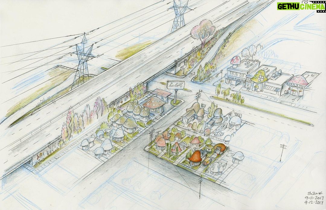 Don Shank - 446 Likes - Few more from Onward. Wanted the gas station to be called Fun Gas (fungus!) and the graphics had been designed! But it was swapped out to something else late in the game. #Pixar #Onward #animation #mushrooms