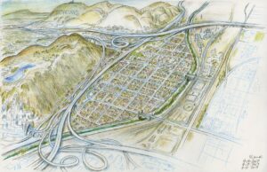 Don Shank Instagram - From my time on Onward. Frogtown in Los Angeles provided a lot of inspiration for Mushroomton. This is an overview where I basically turned Frogtown into mushrooms and added some extras. The commercial street is based on part of Grand Ave in Oakland. That's supposed to be some dwarf mine apartments in the mountain in the lower corner. I had so much fun working on this movie. #Onward #Pixar #animation