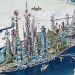 Don Shank Instagram - Element City This drawing was to help find the level of caricature to the scale of the buildings. It was done over a flexible model that Philip Metschan built of our city using real world scale. The buildings and features of my drawing is too big and we ended up finding something in between. I rarely had time to finish anything so I just filled out the buildings on the main island and most of the island Firetown is on but left the other islands empty. This is the image @lykawahara used as the layout for her amazing night time version of the city. In the back you can see a cool idea Dan Holland our sets art director had for a water hotel that doubles as a dam. It never found its place in the movie but we used that general idea for the waterfall tunnel that the Wetro train goes through while Ember is chasing Wade into the city. #elemental #pixar #pixarelemental #pixarelementalmovie #elementcity Pixar