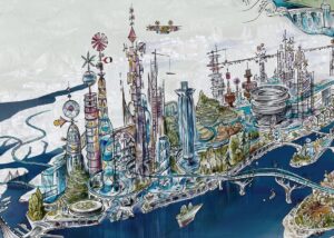 Don Shank Instagram - Element City
This drawing was to help find the level of caricature to the scale of the buildings. It was done over a flexible model that Philip Metschan built of our city using real world scale. The buildings and features of my drawing is too big and we ended up finding something in between. I rarely had time to finish anything so I just filled out the buildings on the main island and most of the island Firetown is on but left the other islands empty. This is the image @lykawahara used as the layout for her amazing night time version of the city. In the back you can see a cool idea Dan Holland our sets art director had for a water hotel that doubles as a dam. It never found its place in the movie but we used that general idea for the waterfall tunnel that the Wetro train goes through while Ember is chasing Wade into the city.
#elemental #pixar #pixarelemental #pixarelementalmovie #elementcity
