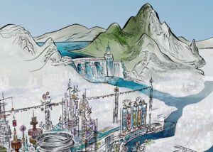 Don Shank Instagram - Element City
This drawing was to help find the level of caricature to the scale of the buildings. It was done over a flexible model that Philip Metschan built of our city using real world scale. The buildings and features of my drawing is too big and we ended up finding something in between. I rarely had time to finish anything so I just filled out the buildings on the main island and most of the island Firetown is on but left the other islands empty. This is the image @lykawahara used as the layout for her amazing night time version of the city. In the back you can see a cool idea Dan Holland our sets art director had for a water hotel that doubles as a dam. It never found its place in the movie but we used that general idea for the waterfall tunnel that the Wetro train goes through while Ember is chasing Wade into the city.
#elemental #pixar #pixarelemental #pixarelementalmovie #elementcity