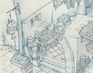 Don Shank Instagram - Pescheria Marcovaldo. This one is a heartbreaker. There was a long period of time where scenes took place in here. But in the final movie the doors aren't even open. This is one of my favorite drawings from my time on Luca but it wasn't meant to be.  #luca #pixarluca #pixar #pencilonpaper #setdesign #deadfish #happydeadfish
