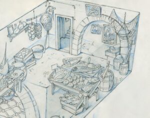 Don Shank Instagram - Pescheria Marcovaldo. This one is a heartbreaker. There was a long period of time where scenes took place in here. But in the final movie the doors aren't even open. This is one of my favorite drawings from my time on Luca but it wasn't meant to be.  #luca #pixarluca #pixar #pencilonpaper #setdesign #deadfish #happydeadfish