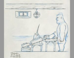 Don Shank Instagram - Pescheria Marcovaldo. This one is a heartbreaker. There was a long period of time where scenes took place in here. But in the final movie the doors aren't even open. This is one of my favorite drawings from my time on Luca but it wasn't meant to be.  #luca #pixarluca #pixar #pencilonpaper #setdesign #deadfish #happydeadfish