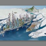Don Shank Instagram - Element City This drawing was to help find the level of caricature to the scale of the buildings. It was done over a flexible model that Philip Metschan built of our city using real world scale. The buildings and features of my drawing is too big and we ended up finding something in between. I rarely had time to finish anything so I just filled out the buildings on the main island and most of the island Firetown is on but left the other islands empty. This is the image @lykawahara used as the layout for her amazing night time version of the city. In the back you can see a cool idea Dan Holland our sets art director had for a water hotel that doubles as a dam. It never found its place in the movie but we used that general idea for the waterfall tunnel that the Wetro train goes through while Ember is chasing Wade into the city. #elemental #pixar #pixarelemental #pixarelementalmovie #elementcity Pixar
