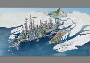 Don Shank Instagram - Element City
This drawing was to help find the level of caricature to the scale of the buildings. It was done over a flexible model that Philip Metschan built of our city using real world scale. The buildings and features of my drawing is too big and we ended up finding something in between. I rarely had time to finish anything so I just filled out the buildings on the main island and most of the island Firetown is on but left the other islands empty. This is the image @lykawahara used as the layout for her amazing night time version of the city. In the back you can see a cool idea Dan Holland our sets art director had for a water hotel that doubles as a dam. It never found its place in the movie but we used that general idea for the waterfall tunnel that the Wetro train goes through while Ember is chasing Wade into the city.
#elemental #pixar #pixarelemental #pixarelementalmovie #elementcity