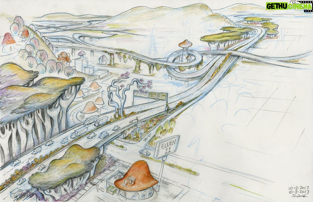 Don Shank - 446 Likes - Few more from Onward. Wanted the gas station to be called Fun Gas (fungus!) and the graphics had been designed! But it was swapped out to something else late in the game. #Pixar #Onward #animation #mushrooms