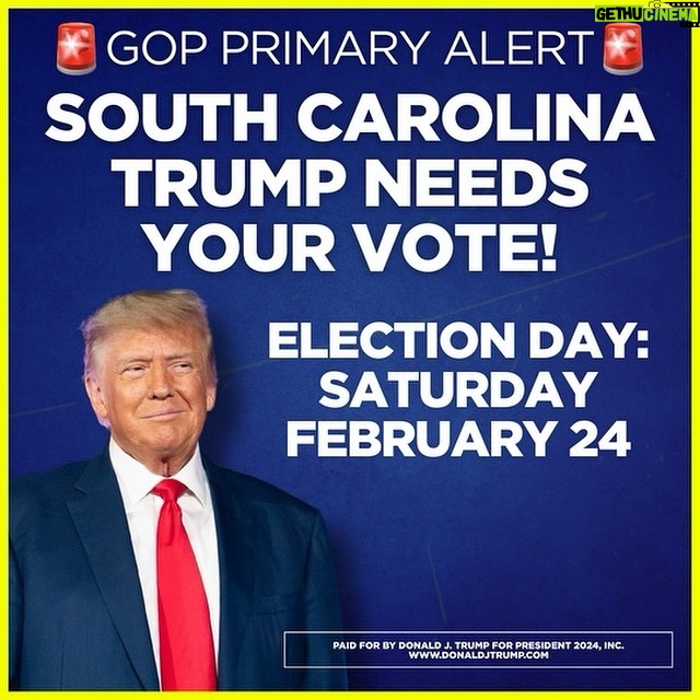 Donald Trump Instagram - The South Carolina Republican Presidential Primary Election is tomorrow - Saturday, February 24th. We need your vote to Save America! Find your voting location—link in bio!