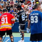 Doug Gilmour Instagram - Had a blast today with Quinton Byfield and Nazem Kadri Ball Hockey Pro V Stars game at the National Bank Open. This is my kind of skating! #ballhockey #stars #tennis #NBO #nationalbankopen