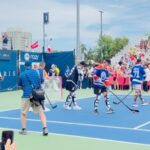 Doug Gilmour Instagram - Had a blast today with Quinton Byfield and Nazem Kadri Ball Hockey Pro V Stars game at the National Bank Open. This is my kind of skating! #ballhockey #stars #tennis #NBO #nationalbankopen