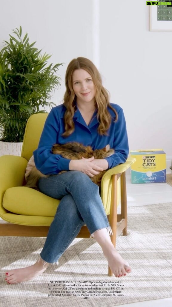 Drew Barrymore Instagram - Does your cat’s litterbox need a littervention? I’m partnering with Tidy Cats to pick a lucky winner to receive a $5,000 litterbox area revamp! Pick up the new Tidy Care Comfort litter @walmart and check out contest details at TidyCareRefresh.com. @tidycats #TidyCatsPartner #ad