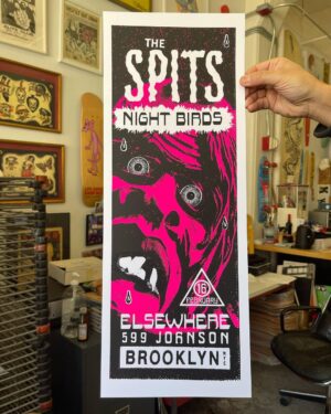 Dug One Instagram - Rocked a couple gig posters for the @the_spits @night___birds  for tonight’s Brooklyn show @elsewherespace and Saturday nights show @houseofindependents in Asbury Park. Prints will be for sale at venue and  a limited online. Link in our bio. #supportlocalbands printing and handling by the solids pros @industryprintshop #saturnyellow