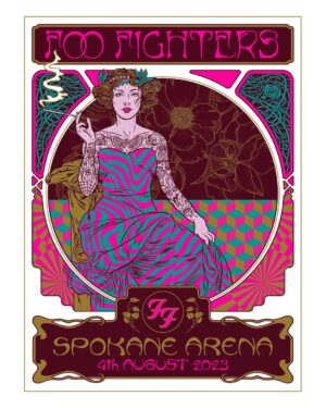 Dug One Instagram - UPDATE: Artist Proofs all Sold Out. This is our design for tonight’s @foofighters show in Spokane. 4 color Alphonse Mucha inpired silkscreen print on natural white stock. We will have signed and number Artists Proofs and A/P Variant prints on foiled paper available online through our Instagram bio link. today at 4:00pm PST(7:00pm EST) printed and shipped by our folks over at @industryprintshop the link to purchase will be in our Instagram bio. Stay tuned for any updates. Thanks @alientenders for the awesome job on the printing. We just added international shipping to our orders.