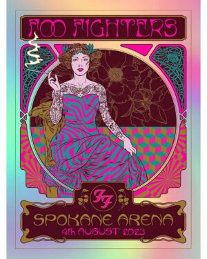 Dug One Instagram - UPDATE: Artist Proofs all Sold Out. This is our design for tonight’s @foofighters show in Spokane. 4 color Alphonse Mucha inpired silkscreen print on natural white stock. We will have signed and number Artists Proofs and A/P Variant prints on foiled paper available online through our Instagram bio link. today at 4:00pm PST(7:00pm EST) printed and shipped by our folks over at @industryprintshop the link to purchase will be in our Instagram bio. Stay tuned for any updates. Thanks @alientenders for the awesome job on the printing. We just added international shipping to our orders.