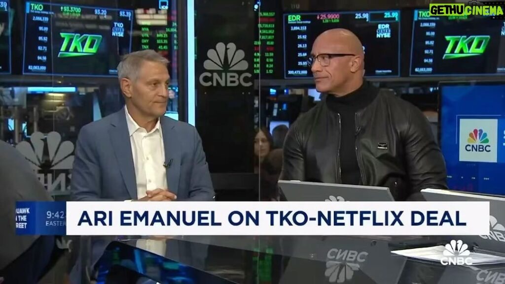 Dwayne Johnson Instagram - Ari and I had a good hang with our @cnbc gents - Carl, Jim & David. We’re all trouble makers though 😈 Ari had a million reasons to say “no” to making my unprecedented deal, but he found the one reason to say, “yes”. Family, legacy & respect matters. Congrats Ari, Mark, Nick & team for the incredible $5B @netflix @wwe deal. The people’s eyebrow is coming to Netflix baby! 🤨👀😇💪🏾