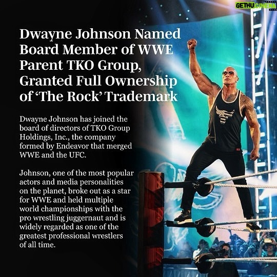 Dwayne Johnson Instagram - Cheers to this unprecedented and historic deal - granted full 💯 ownership of “The Rock” trademark. The Rock is a wild S.O.B. and at times, a complete lunatic 😈 who’s given me everything- including the greatest gift of all… Becoming The Rock allowed me to be myself. Authentic, real, grateful and crazy 😜 To fully own it all, is truly unprecedented & historic and means everything to me and my family. All the blood, sweat & earned respect. Somewhere, my dad - the original Rock - Rocky “Soulman” Johnson is smiling down 🕊️ Cheers 🥃 to everyone out there for the support and love over the years - crazy to say, but we’re just getting started. ~ the rock #directoroftheboard #tko #fullownership #therock