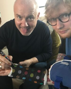 Ed Sheeran Instagram - Throwback dumps today. Here are the explanations for all 

1. Elton with my cats, occasionally he handles pussy

2. Me as a storm trooper in Rise of Skywalker, we shot for 12 hours then got told the scene wasn’t being used, so I’m actually in it as an alien, see if you can spot me

3. @damienhirst colouring in my cast when I broke both my arms, coz why not

4. @fredagainagainagainagainagain playing me and my mates what he was working on for no.6 collabs project

5. Me on my 29th birthday

6. My first splash painting, didn’t know what I was doing but enjoyed it

7. Original design of the mathematics tour before we put the stage into production 

8. Me FaceTiming Fred to either talk about a mix or show him my sexy body, who knows

9. Me, Johnny and Fred shortly after finishing Bad Habits 

10. Me getting dolled up by Lib for the bad habits video

Might do a plus throwback next week, or multiply, lemme know which one you’d want my loves. Have a nice Monday bye