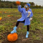 Eleanor Worthington-Cox Instagram – I’m currently filming in muddy fields and forests 24/7, so it made total sense to spend my day off in a muddy field… by a forest… right ? 

#wearadamnmask 
#wearcoolboots
#trippedoverapumpkin 
#eventhedoglaughed The Pumpkin Patch Hightown