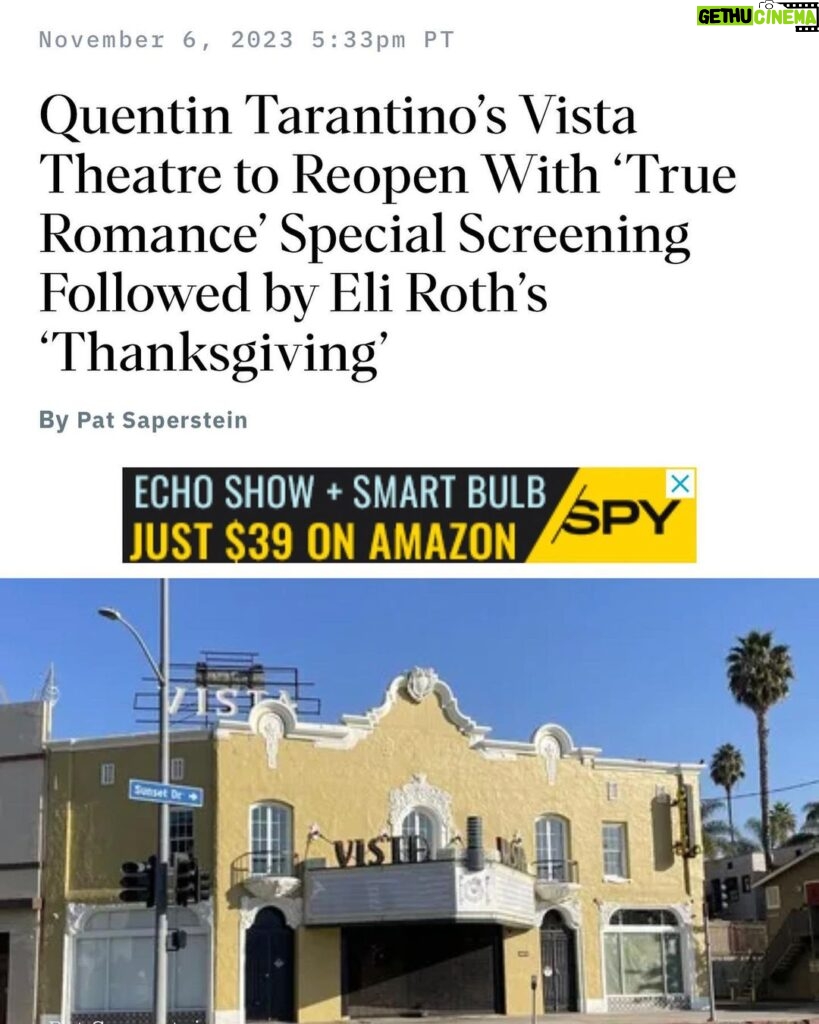 Eli Roth Instagram - So proud to reopen Quentin Tarantino’s renovated historic @vistatheaterhollywood with a 35mm print of @thanksgivingmovie! 5 day exclusive engagement starting Nov 17th. Don’t miss it! #AllWillBeCarved