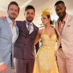 Elizabeth Gillies Instagram - Drowning in feathers & pastels with these gorgeous men for our derby episode! (This ep also makes for great outfit inspo heading into Easter weekend) Don’t miss Dynasty tomorrow night! 🐎💛