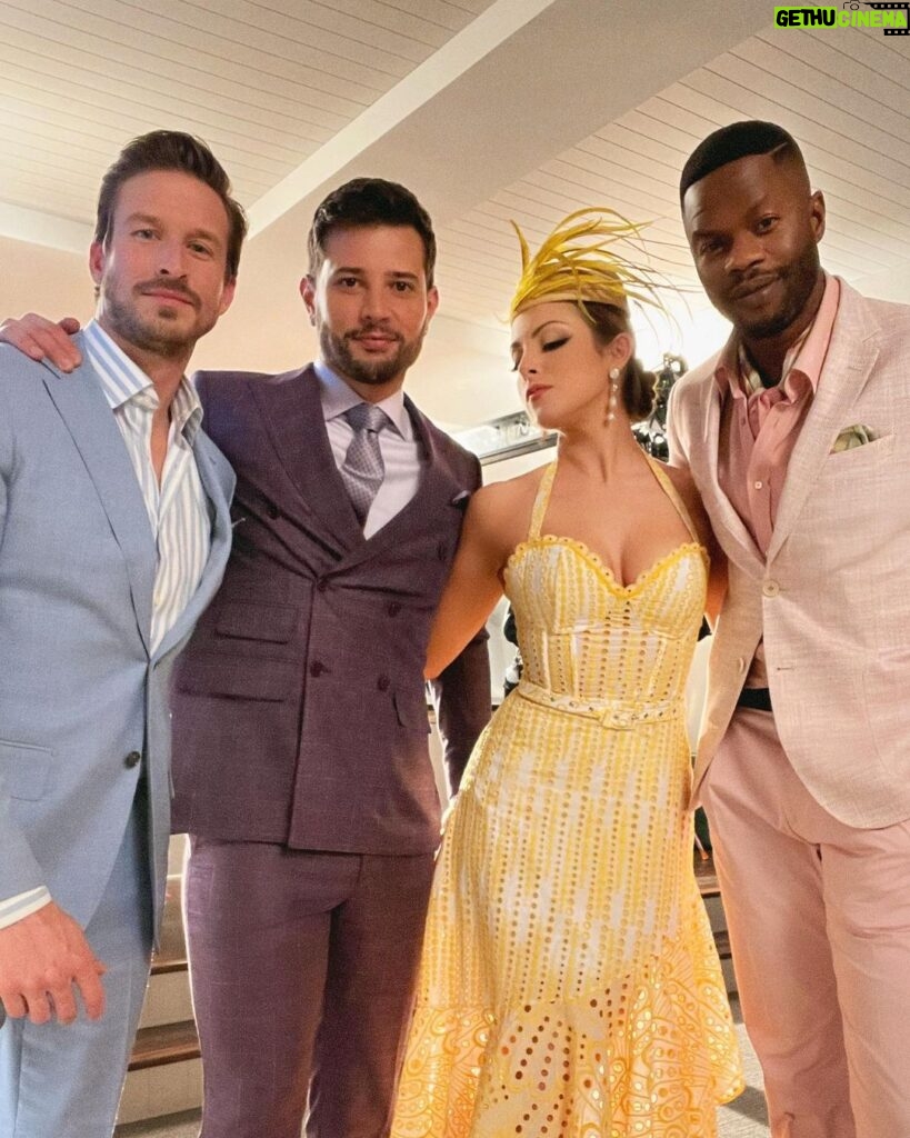 Elizabeth Gillies Instagram - Drowning in feathers & pastels with these gorgeous men for our derby episode! (This ep also makes for great outfit inspo heading into Easter weekend) Don’t miss Dynasty tomorrow night! 🐎💛