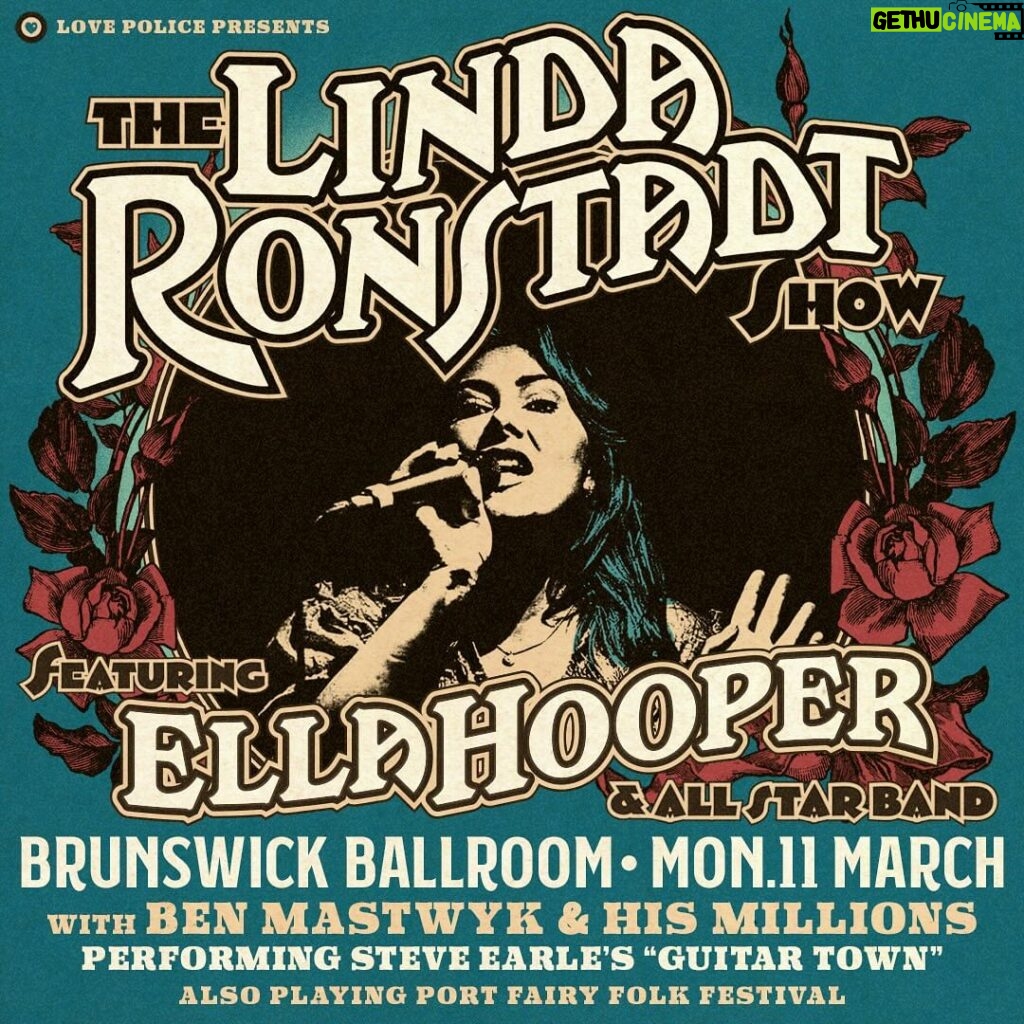 Ella Hooper Instagram - It’s so easy!! Announcing The Linda Ronstadt Show featuring Ella Hooper with an all-star band! Joining in the fun will be Ben Mastwyk & His Millions performing Steve Earle’s ‘Guitar Town’ in its entirety. A dynamic encounter featuring amazing artists and excellent music, and it’s all taking place at the Brunswick Ballroom, Monday March 11. Slip on your silver threads, head on to the Blue Bayou and make a night of it with Linda and the gang. Tickets available now! * also playing at @portfairyfolkfestival .. @ella_hooper @benmastwyk @brunswickballroomaus