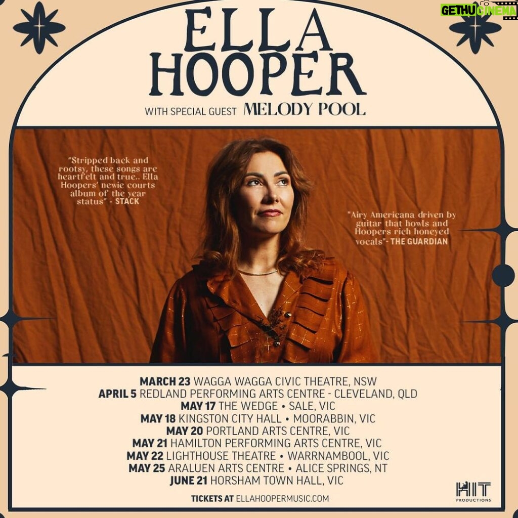 Ella Hooper Instagram - Hello all! I’m excited to announce I’m doing a run of beautiful theatres and performing arts centres in mostly regional and less travelled (for me) places.. (Alice Springs! Warrnambool!👋🏼) I’ll be bringing my right hand man Mic Hubbard with me on the electric, acoustic, mando, dobro, harmonica and more for an evening of intimate renditions of my songs. I’m also thrilled to announce the one and only @melodyjanepool from Kurri Kurri NSW is joining us to share her incredible talent and play new songs from her upcoming long awaited 3rd album. Mel and I have a long and loving history of collaboration and she is truly one of my favourite artists in Australia or anywhere else, so getting to see her perform each night is going to be PRETTY special. Thanks to @hit_productions for putting this one together.. we can’t wait to see you! Feeling lucky. Xx Tickets to most are on sale now via link in bio *Tickets for Kingston, Portland, Hamilton and Horsham on sale soon!