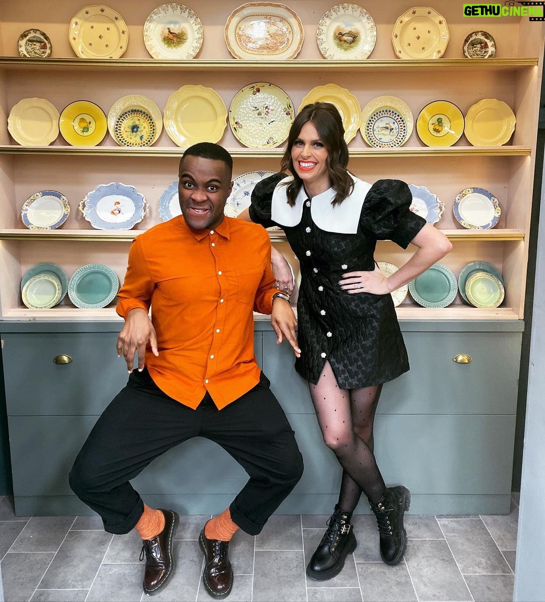 Ellie Taylor Instagram - Semi Finals of Bake Off the Professionals tonight at 8pm on c4. Here is @liamcbakes and me being giddy by some plates. Another fab look by @tesswrightstylist (dress is @dreamsisterjane) Beautifying by @gemflossi