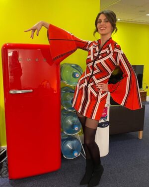 Ellie Taylor Instagram - Never not pointing at fridges that match my outfit. 

Hair & make up @justwade 
Dress @karen_millen 
Water cooler @bbctheoneshow