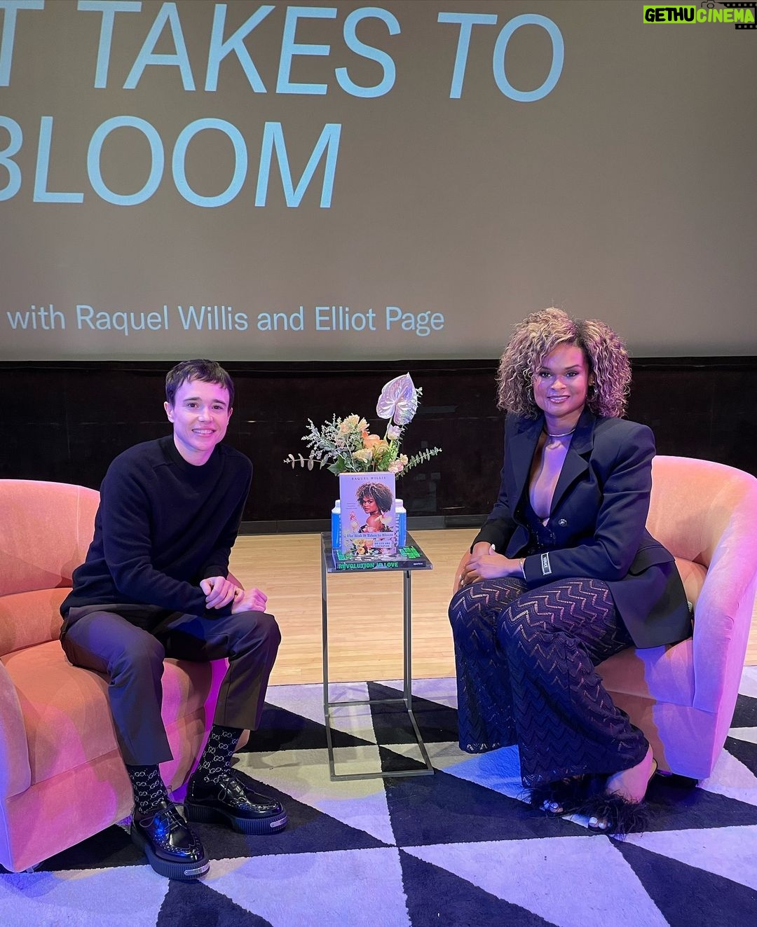 Elliot Page Instagram - Incredible night with @raquel_willis discussing and celebrating her new book, The Risk it Takes to Bloom ❤️ Thank you, Raquel, for writing this remarkable book that we will all learn and grow from 💐 Dates and tickets for her book tour are here ➡️ RaquelWillis.com/bloom