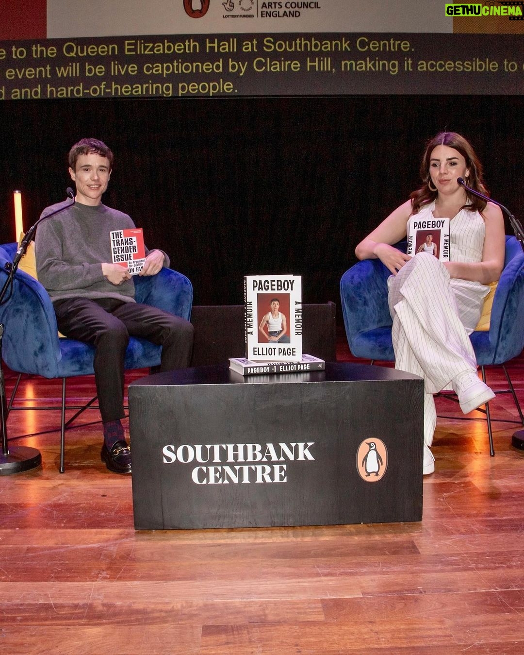 Elliot Page Instagram - Just wrapped the UK Pageboy tour. In London I had a conversation with @shon.faye at @southbankcentre. I assume you know by now that I'm a massive fan of Shon’s book The Transgender Issue, it was a true honour to discuss Pageboy with her. Thank you for everything, Shon! In Manchester I was joined by @russelltovey at @bridgewaterhall. Russell, you’re wonderful and I loved our time together. I’m filled with gratitude for the warm welcome in the UK, including seeing this Pageboy mural by @thefoxfisher in London. Up next, my last stop - Germany! 📸: @priyamollyx