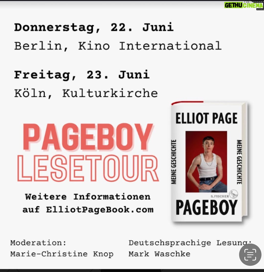 Elliot Page Instagram - See you soon, UK and Germany! 📚 Tickets on sale now for the PAGEBOY book tour in London, Manchester, Berlin and Köln. Go to ElliotPageBook.com (link in bio) for tickets for these dates, as well as the US tour stops. And Canada friends, info is coming soon! ❤️